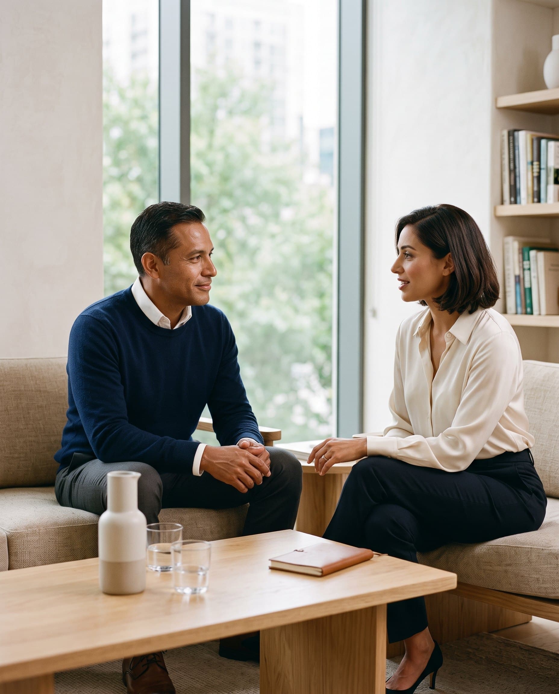 A patient speaking with a clinician during a calm office visit.