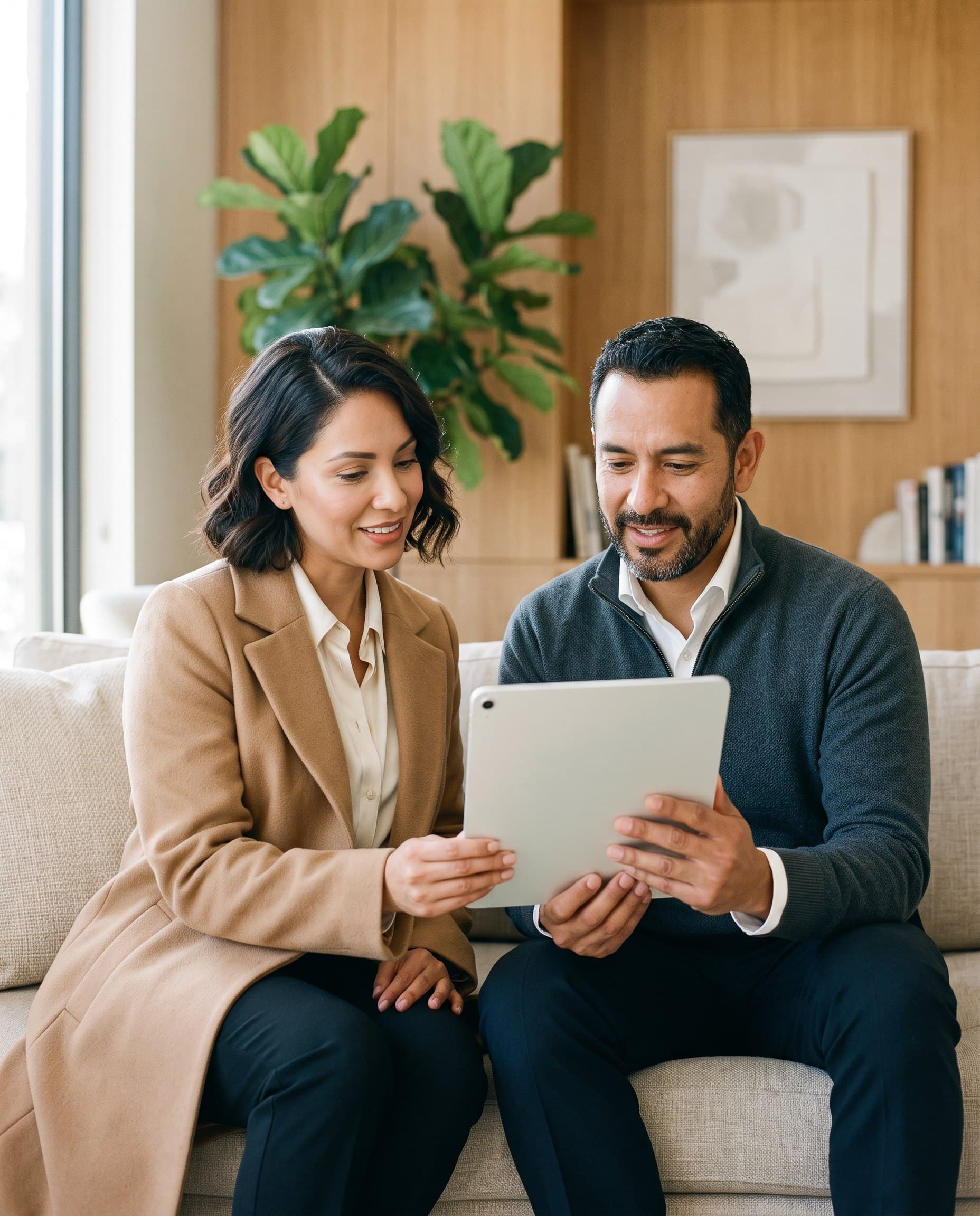 A patient and clinician reviewing a care plan together on a tablet.